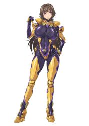 Rule 34 | 1girl, black bodysuit, bodysuit, breasts, brown hair, covered navel, fortified suit, gluteal fold, hand on own hip, highres, impossible bodysuit, impossible clothes, large breasts, long hair, looking at viewer, muv-luv, muv-luv alternative, muv-luv total eclipse, ozaneko, pilot suit, purple eyes, shiny clothes, simple background, skin tight, solo, standing, takamura yui, white background