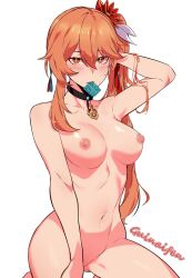 Rule 34 | 1girl, arm up, black choker, blush, breasts, character name, choker, completely nude, condom, condom in mouth, condom wrapper, flower, guinaifen (honkai: star rail), hair between eyes, hair flower, hair flowing over, hair ornament, hand in own hair, high side ponytail, highres, honkai: star rail, honkai (series), long hair, looking at viewer, medium breasts, mouth hold, navel, nipples, nude, orange eyes, orange hair, simple background, solo, v-en-v, white background