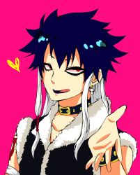 Rule 34 | 1boy, blue hair, collar, earrings, eyeliner, fairy tail, highres, jewelry, lipstick, looking at viewer, makeup, midnight (fairy tail), red eyes, simple background, skull, solo, upper body
