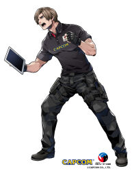 Rule 34 | 1boy, absurdres, belt, black gloves, black shirt, clenched hand, collaboration, commentary request, fingerless gloves, full body, gloves, highres, holding, holding tablet pc, holster, japanese flag, leon s. kennedy, light brown hair, logo, male focus, muscular, official art, open mouth, parted lips, resident evil, resident evil 4, resident evil 4 (remake), shirt, short hair, simple background, standing, tablet pc, teeth, thigh holster, upper teeth only, white background