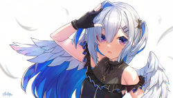Rule 34 | 1girl, absurdres, amane kanata, amane kanata (work), angel wings, arm up, armpit crease, arpeggio kaga, blue hair, colored inner hair, eyes visible through hair, feathers, fingerless gloves, frills, gloves, hair intakes, hair ornament, hairclip, highres, hololive, jewelry, multicolored hair, necklace, open mouth, purple eyes, silver hair, sleeveless, solo, two side up, upper body, virtual youtuber, wings