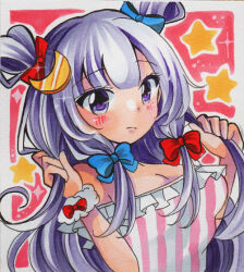 Rule 34 | 1girl, bare shoulders, blue bow, blush, bow, breasts, closed mouth, crescent, crescent hair ornament, dress, hair bow, hair ornament, holding, holding own hair, large breasts, long hair, looking at viewer, maccha xxxxxx, marker (medium), no headwear, patchouli knowledge, purple eyes, purple hair, red bow, simple background, solo, striped clothes, striped dress, touhou, traditional media, upper body