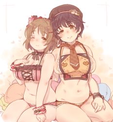 Rule 34 | 2girls, 7010, ;), adapted costume, ass-to-ass, ass press, belly, black hair, blush, breasts, brown eyes, brown hair, cleavage, commentary request, hair ornament, hairclip, hat, heart, idolmaster, idolmaster cinderella girls, large breasts, looking at viewer, mimura kanako, multiple girls, navel, oikawa shizuku, one eye closed, pillow, plump, short hair, side-by-side, sideboob, smile, stomach, thighs, uneven eyes, wrist cuffs, wristband