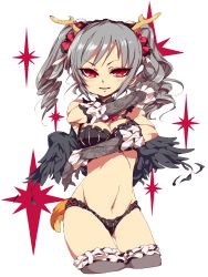 Rule 34 | 10s, 1girl, antlers, black wings, bra, breasts, cropped legs, deer tail, drill hair, elbow gloves, frilled bra, frilled panties, frilled thighhighs, frills, gloves, grey hair, highres, horns, idolmaster, idolmaster cinderella girls, kanzaki ranko, kugimiya atsuki, lace, lace gloves, looking at viewer, midriff, navel, panties, parted lips, red eyes, ribbon, sidelocks, solo, tail, thighhighs, thighs, tsurime, twin drills, twintails, underwear, white background, wings