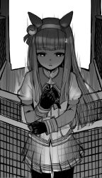 1girl animal_ears clenched_hands cowboy_shot ear_covers expressionless flat_chest gloves greyscale hair_ornament hairband highres horse_ears jacket long_hair long_sleeves monochrome neckerchief okachi parted_lips pleated_skirt silence_suzuka_(umamusume) skirt solo standing starting_gate umamusume x-ray