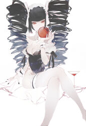 Rule 34 | alcohol, apple, black hair, black leotard, black nails, blunt bangs, bonnet, breasts, celestia ludenberg, collar, crossed legs, cup, danganronpa: trigger happy havoc, danganronpa (series), detached collar, drill hair, drinking glass, feet out of frame, food, fruit, glass, highres, holding, holding food, holding fruit, leotard, maid headdress, medium breasts, nail polish, pantyhose, playboy bunny, red eyes, red wine, see-through, shru (ss sl99), sidelocks, simple background, sitting, thighband pantyhose, thighhighs, twin drills, twintails, white background, white pantyhose, wine, wine glass, wristband