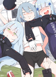 Rule 34 | ..., 3girls, artist name, beer can, blue hair, blush, boca, can, clone, commentary, dilated pupils, drink can, drunk, facepaint, g11 (girls&#039; frontline), girls&#039; frontline, gloves, green eyes, grey hair, hair ornament, hairclip, hk416 (girls&#039; frontline), long hair, long sleeves, lying, multiple girls, nose blush, on bed, open mouth, saliva, shorts, sleeping, spoken ellipsis, triangle mouth, white gloves