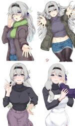 Rule 34 | 1girl, :d, absurdres, alternate costume, apron, black coat, black hairband, black pantyhose, blush, breasts, bright pupils, coat, commentary, cowboy shot, crop top, denim, denim shorts, english commentary, english text, feet out of frame, firefly (honkai: star rail), green scarf, grey hair, grey jacket, grey sweater, hair intakes, hairband, hand up, highres, honkai: star rail, honkai (series), jacket, kagurachi, long hair, long sleeves, looking at viewer, lying, medium breasts, midriff, multiple views, navel, on back, one eye closed, open clothes, open coat, open hand, open jacket, open mouth, pantyhose, pantyhose under shorts, purple eyes, purple skirt, reaching, reaching towards viewer, ribbed sweater, scarf, short shorts, shorts, simple background, skirt, smile, speech bubble, standing, sweater, thighs, turtleneck, turtleneck sweater, upper body, very long hair, white apron, white background
