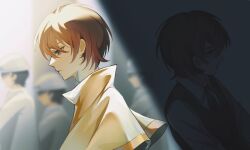 Rule 34 | 1boy, black jacket, brown eyes, brown hair, capelet, chinese commentary, closed mouth, collared shirt, commentary request, gold trim, highres, jabuchi you, jacket, long sleeves, male focus, multiple views, nienords, saibou shinkyoku, shirt, short hair, white capelet, white shirt