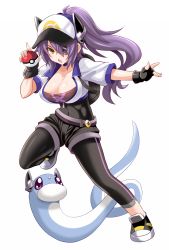 Rule 34 | 10s, 1girl, alternate costume, alternate hair length, alternate hairstyle, baseball cap, belt, black footwear, black gloves, black shorts, blush, breasts, choker, cleavage, collarbone, commentary, cosplay, covered navel, creatures (company), crossover, dratini, eyepatch, female protagonist (pokemon go), female protagonist (pokemon go) (cosplay), fingerless gloves, full body, game freak, gen 1 pokemon, gloves, hat, headgear, highres, holding, holding poke ball, kantai collection, konno tohiro, large breasts, leggings, long hair, looking at viewer, nintendo, open mouth, poke ball, poke ball (basic), pokemon, pokemon go, ponytail, purple hair, shoes, shorts, simple background, skin tight, tenryuu (kancolle), white background, yellow eyes
