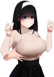Rule 34 | 1girl, 1other, black hair, black skirt, blue eyes, blush, breasts, brown shirt, deep skin, disembodied hand, expressionless, grabbing, grabbing another&#039;s breast, grabbing from behind, hairband, hands up, highres, idolmaster, idolmaster cinderella girls, large breasts, long sleeves, looking down, pleated skirt, revision, sagisawa fumika, senju (snz0), shaded face, shirt, shirt tucked in, simple background, skirt, white background, white hairband