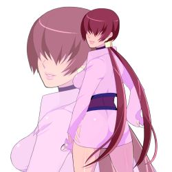 Rule 34 | 1girl, ass, breasts, brown hair, cropped jacket, earrings, from behind, hair over eyes, jewelry, kagetomo seiko, leotard, lips, long hair, looking back, miniskirt, shermie (kof), simple background, skirt, solo, split ponytail, the king of fighters, zoom layer