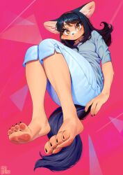 Rule 34 | 1girl, :&lt;, animal ear fluff, animal ears, animal feet, animal nose, artist name, barefoot, black hair, blue pants, blush, breasts, claws, closed mouth, dog ears, dog girl, dog tail, expressionless, feet, female focus, foot focus, furry, furry female, grey shirt, hairband, highres, inuki (aruurara), knees together feet apart, knees up, leaning back, long hair, looking at viewer, orange eyes, original, pants, pawpads, pink background, red hairband, shirt, short sleeves, side slit, sidelocks, signature, sitting, small breasts, solo, tail, toes