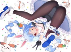 Rule 34 | 1girl, animal ear fluff, animal ears, ankle cuffs, arm cuffs, black gloves, black leotard, black pantyhose, blue hair, blush, braid, breasts, carrot hair ornament, cleavage, commentary, confetti, covered navel, don-chan (usada pekora), double v, dress, food-themed hair ornament, full body, fur-trimmed dress, fur-trimmed gloves, fur scarf, fur trim, gloves, hair ornament, hair ribbon, highres, hololive, kooh ku, leotard, light blue hair, long hair, looking at viewer, multicolored hair, off-shoulder dress, off shoulder, one eye closed, open mouth, pantyhose, pekomon (usada pekora), pom pom (clothes), rabbit ears, rabbit girl, rabbit tail, ribbon, shoes, simple background, small breasts, smile, solo, thick eyebrows, tress ribbon, twin braids, twintails, two-tone hair, upside-down, usada pekora, usada pekora (1st costume), v, virtual youtuber, white background, white dress, white footwear, white hair