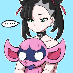 Rule 34 | ..., 1girl, asymmetrical bangs, black choker, black hair, blue background, choker, closed mouth, collarbone, commentary request, creatures (company), earrings, eyelashes, game freak, gen 8 pokemon, green eyes, hair ribbon, impidimp, jewelry, korean commentary, looking down, marnie (pokemon), nintendo, nutkingcall, outline, pokemon, pokemon (creature), pokemon swsh, red ribbon, ribbon, simple background, spoken ellipsis, twintails