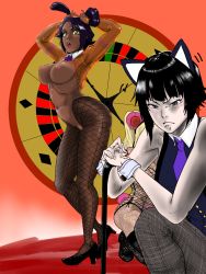 Rule 34 | 3girls, animal ears, arms up, black footwear, black hair, black pantyhose, bleach, blonde hair, breasts, breasts out, cane, cat ears, dark-skinned female, dark skin, fake animal ears, female focus, fishnet legwear, fishnets, frown, high heels, highres, legs, leotard, light areolae, medium hair, meme attire, multiple girls, navel, nipples, open mouth, pantyhose, playboy bunny, purple hair, pussy, rabbit ears, reverse bunnysuit, reverse outfit, shihouin yoruichi, stand, sui-feng, tata (pixiv57531723), wrist cuffs, yayahara yuyu