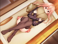 Rule 34 | 1girl, aida takanobu, aihara ringo, blush, couch, covering own mouth, crossed arms, crossed legs, from above, game cg, hug, hugging object, kani biimu, legs, long hair, long legs, long sleeves, looking at viewer, lying, official art, on back, pillow, pillow hug, pink hair, red eyes, solo, sono hanabira ni kuchizuke wo, thighhighs