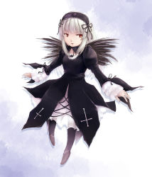 Rule 34 | 1girl, bad id, bad pixiv id, black dress, black feathers, black flower, black ribbon, black rose, black wings, blouse, boots, cloud, cross, dress, feathers, flower, frilly shirt, hairband, heiya, juliet sleeves, lace-trimmed collar, lace trim, long hair, long sleeves, puffy sleeves, red eyes, ribbon, rose, rozen maiden, shirt, sidelocks, solo, suigintou, white hair, wings