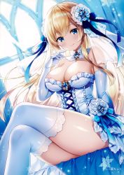 Rule 34 | 1girl, absurdres, areola slip, arm support, artist name, bare shoulders, blonde hair, blue eyes, blue gemstone, blush, breasts, bridal veil, choker, church, closed mouth, crossed legs, detached collar, dress, elbow gloves, flower, gem, gloves, hair flower, hair ornament, hand up, highres, indoors, jewelry, large breasts, long hair, looking at viewer, melonbooks, mitsuba choco, scan, shiny clothes, shiny skin, sidelocks, sitting, smile, snowflakes, solo, strapless, strapless dress, thighhighs, thighs, veil, very long hair, white choker, white dress, white gloves, white thighhighs, window