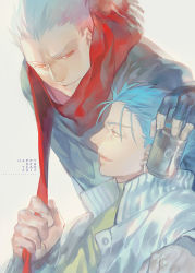 Rule 34 | 2boys, alcohol, archer (fate), beer, blue hair, brown eyes, casual, cu chulainn (fate), fate/stay night, fate (series), cu chulainn (fate/stay night), long hair, male focus, multiple boys, ponytail, red eyes, rei (sanbonzakura), scarf, white hair