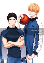 Rule 34 | 2boys, ball, basketball, basketball (object), black hair, blonde hair, blue eyes, commentary request, crossed arms, ear piercing, frown, groo29, height difference, holding, holding ball, jacket, jacket on shoulders, kasamatsu yukio, kise ryouta, kuroko no basuke, long sleeves, looking at viewer, male focus, multiple boys, open clothes, open jacket, pants, piercing, shirt, short hair, smile, sportswear, track jacket, track pants, yellow eyes