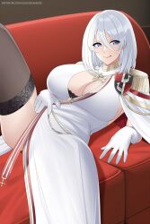Rule 34 | 1girl, adapted costume, alternate breast size, aslindsamure, azur lane, black bra, black thighhighs, blue eyes, bra, bra peek, breasts, cleavage, commentary, couch, english commentary, epaulettes, gloves, hair between eyes, highres, huge breasts, licking lips, lying, official alternate costume, on back, on couch, patreon username, short hair, sideboob, smile, spread legs, thighhighs, tirpitz (azur lane), tirpitz (iron blood snowstorm) (azur lane), tongue, tongue out, underwear, white gloves, white hair