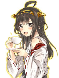 Rule 34 | 10s, 1girl, :d, bad id, bad pixiv id, bare shoulders, blush, brown hair, cup, detached sleeves, double bun, hagino makoto, hair bun, hair ornament, hairband, headgear, japanese clothes, kantai collection, kongou (kancolle), long hair, looking at viewer, miko, nontraditional miko, open mouth, ribbon-trimmed sleeves, ribbon trim, saucer, simple background, smile, solo, teacup, white background
