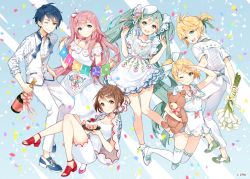 Rule 34 | 2boys, 4girls, :d, ;), ahoge, ancotaku, aqua eyes, aqua hair, aqua ribbon, blonde hair, blue eyes, blue footwear, bottle, bouquet, bow, brown eyes, brown hair, cake, commentary request, confetti, dress, floral print, flower, food, hair bow, hair ornament, hair ribbon, hairpin, hatsune miku, holding, holding bottle, holding bouquet, holding plate, kagamine len, kagamine rin, kaito (vocaloid), long hair, looking at viewer, megurine luka, meiko (vocaloid), multiple boys, multiple girls, neck ribbon, no socks, official art, one eye closed, one side up, open mouth, pants, pink hair, pink ribbon, plate, polka dot, polka dot shirt, ponytail, red footwear, ribbon, salute, shirt, shoes, sitting, smile, sneakers, socks, standing, string of flags, teeth, thighhighs, toeless footwear, twintails, upper teeth only, very long hair, vest, vocaloid, watermark, white footwear, white legwear, white pants, white ribbon, white shirt, wine bottle