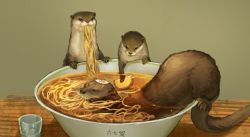 Rule 34 | bowl, commentary request, eating, ferret, food, food focus, food in mouth, food on head, in bowl, in container, kamaboko, munashichi, narutomaki, no humans, noodles, object on head, original, partially submerged, ramen, swimming, table