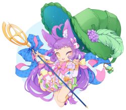 Rule 34 | 1girl, animal ears, bow, bowtie, rabbit ears, rabbit hair ornament, chibi, flower, force of will, hair ornament, hat, highres, kaguya (force of will), leaf, long hair, magical girl, one eye closed, open mouth, panties, purple hair, ribbon, solo, spamaroo, staff, teeth, transparent background, underwear, yellow eyes
