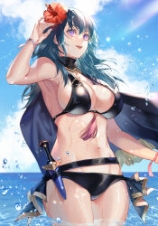 Rule 34 | 1girl, :d, arm up, armpits, bare shoulders, belt, bikini, black belt, black bikini, black cape, blue hair, blue sky, breasts, byleth (female) (fire emblem), byleth (female) (summer) (fire emblem), byleth (fire emblem), cape, cleavage, cloud, commentary request, cowboy shot, dagger, day, eyebrows hidden by hair, fire emblem, fire emblem: three houses, fire emblem heroes, floating cape, flower, groin, hair between eyes, hair flower, hair ornament, halterneck, hibiscus, highres, knife, large breasts, looking up, medium hair, midriff, navel, nintendo, oas, ocean, official alternate costume, open mouth, outdoors, purple eyes, ribbon, sheath, sheathed, sidelocks, sky, smile, solo, standing, swimsuit, tassel, teeth, twitter username, upper teeth only, wading, water drop, weapon, wet, wrist ribbon