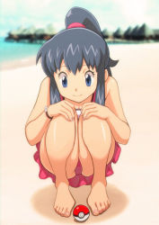 Rule 34 | 1girl, alternate hairstyle, ass, bare legs, barefoot, blue eyes, blue hair, breasts, closed mouth, creatures (company), dawn (pokemon), feet, fetal position, full body, game freak, high ponytail, jewelry, long hair, nintendo, one-piece swimsuit, poke ball, poke ball (basic), pokemon, pokemon: arceus and the jewel of life, pokemon (anime), pokemon dppt (anime), ponytail, ryuntack, shiny skin, sleeveless, smile, solo, squatting, swimsuit