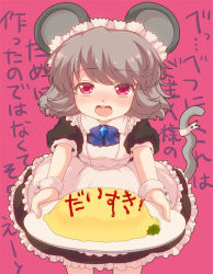 Rule 34 | 1girl, alternate costume, animal ears, apron, ascot, blush, bow, food, frills, grey hair, iris anemone, looking at viewer, maid, maid apron, maid headdress, mouse ears, mouse tail, nazrin, omelet, omurice, open mouth, outstretched arms, pink background, plate, puffy short sleeves, puffy sleeves, red eyes, short hair, short sleeves, simple background, solo, standing, sweatdrop, tail, text background, text focus, touhou, translated, tsundere, twitter username, wavy mouth, wrist cuffs
