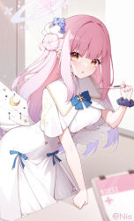 Rule 34 | 1girl, absurdres, angel wings, blue archive, blush, breasts, capelet, crescent, crescent pin, dress, feathered wings, flower, hair bun, hair flower, hair ornament, halo, highres, long hair, looking at viewer, medium breasts, mika (blue archive), parted lips, pink hair, pink halo, poinia, purple flower, single side bun, solo, twitter username, white capelet, white dress, white wings, wings, yellow eyes
