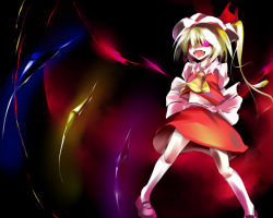 Rule 34 | 1girl, ascot, blonde hair, dress, female focus, flandre scarlet, frills, hat, kneehighs, loafers, looking at viewer, mob cap, oouso, pigeon-toed, red dress, red eyes, shoes, side ponytail, socks, solo, standing, touhou, white socks, wings