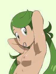 Rule 34 | 1girl, adjusting hair, armpits, arms behind head, breasts, closed mouth, commentary, creatures (company), eyelashes, from side, game freak, green background, green eyes, green hair, hair tie, hair tie in mouth, highres, long hair, looking down, mallow (pokemon), meronshiroppu, mouth hold, nintendo, nipples, nude, pokemon, pokemon sm, shiny skin, simple background, solo, swept bangs, symbol-only commentary, trial captain, twintails, upper body