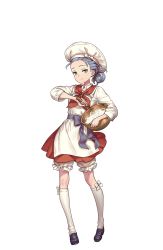 Rule 34 | 1girl, apron, black footwear, bowl, braid, chef hat, full body, green eyes, hand up, hat, highres, looking at viewer, nikki quinnell, official art, princess principal, princess principal game of mission, purple hair, red skirt, shoes, skirt, standing, transparent background, whisk, white legwear