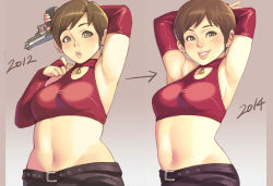 Rule 34 | 10s, 1girl, 2012, 2014, alternate costume, armpits, arms behind head, arms up, artist progress, bad id, bad pixiv id, belt, blush, breasts, brown hair, casual, choker, comparison, crop top, earrings, elbow gloves, eyeshadow, fingerless gloves, gloves, green eyes, halterneck, jewelry, lips, looking at viewer, makeup, maou alba, medium breasts, midriff, navel, nose, parted lips, plump, rebecca chambers, red gloves, redrawn, resident evil, resident evil 0, revision, short hair, sideboob, simple background, smile, solo, standing, wide hips