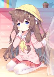 Rule 34 | 1girl, :o, animal ears, azur lane, blue eyes, blush, bow, brown hair, chinese commentary, collarbone, commentary request, crescent, crescent hair ornament, cupboard, curtains, dog ears, dog girl, dog tail, full body, fumizuki (azur lane), glint, hair between eyes, hair bow, hair ornament, hair ribbon, hairclip, hand up, hat, highres, holding, indoors, itano slime, kindergarten uniform, long hair, long sleeves, neckerchief, pantyhose, parted lips, pink shirt, plant, pleated skirt, potted plant, red skirt, ribbon, sailor collar, school hat, seiza, shadow, shirt, sidelocks, sitting, skirt, solo, sparkle, striped, striped bow, tail, white pantyhose, white sailor collar, wooden floor, yellow hat, yellow neckerchief