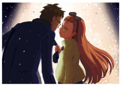 Rule 34 | 1boy, 1girl, bow, brown hair, coat, couple, face, frown, glasses, hair bow, hairband, height difference, idolmaster, idolmaster (classic), long hair, minase iori, pettan p, producer (idolmaster), ribbon, scarf, scarf grab, short hair, size difference, snow