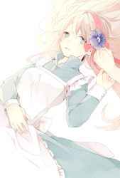 Rule 34 | 1girl, apron, bad id, bad pixiv id, blonde hair, dress, grey eyes, hairband, kagerou project, kozakura marry, long hair, prin dog, simple background, solo, solo focus, tears, white background