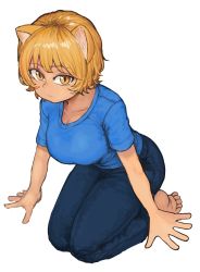Rule 34 | 1girl, absurdres, alternate costume, animal ears, arm support, barefoot, blonde hair, blue skirt, chanta (ayatakaoisii), commentary request, denim, fox ears, highres, jeans, no tail, pants, seiza, short hair, short sleeves, simple background, sitting, skirt, solo, toes, touhou, white background, yakumo ran, yellow eyes