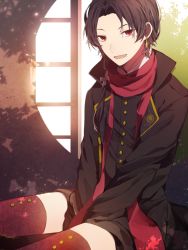 Rule 34 | 10s, 1boy, bad id, bad pixiv id, brown hair, cowboy shot, earrings, highres, jewelry, kashuu kiyomitsu, male focus, mole, mole under mouth, nanase09rr, open mouth, personification, ponytail, red eyes, red thighhighs, scarf, shorts, sitting, smile, solo, thighhighs, touken ranbu