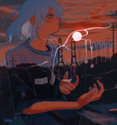 Rule 34 | 1girl, absurdres, artist name, car, cloud, colored skin, crying, crying with eyes open, double exposure, hair strand, heart (organ), highres, hill, keo (oketa99), motor vehicle, orange skin, original, power lines, radio tower, road, shirt, short hair, star (sky), star (symbol), sunset, surreal, t-shirt, tears, translucent, upper body, white hair