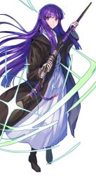 Rule 34 | 1girl, absurdres, black cloak, black footwear, cloak, commentary request, dress, fern (sousou no frieren), grey eyes, highres, holding, holding staff, kazuha (kazuha1003), long hair, looking at viewer, purple hair, shoes, simple background, solo, sousou no frieren, staff, standing, very long hair, white background, white dress