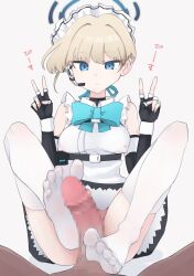Rule 34 | 1girl, absurdres, blue archive, blue eyes, censored, double v, feet, fingerless gloves, footjob, gloves, highres, looking at viewer, penis, samuimo21, see-through, see-through legwear, soles, thighhighs, toes, toki (blue archive), v, white thighhighs