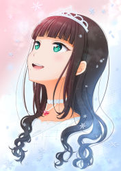 Rule 34 | 1girl, aqua eyes, artist name, artist request, bare shoulders, black hair, blush, breasts, collarbone, curly hair, dress, female focus, green eyes, heart, heart necklace, hirako, jewelry, kurosawa dia, long hair, looking at viewer, looking up, love live!, love live! school idol festival, love live! sunshine!!, mole, mole under mouth, necklace, parted lips, perfect sekai, smile, snow, snowflakes, snowing, solo, tiara, upper body, wedding dress, white detached collar, white dress