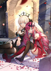 Rule 34 | 2girls, :d, baobhan sith (fate), baobhan sith (first ascension) (fate), bare shoulders, black legwear, black leotard, braid, breasts, cleavage, commentary request, detached sleeves, dress, fate/grand order, fate (series), grey eyes, heel-less legwear, high heels, highres, juliet sleeves, leotard, light brown hair, long sleeves, looking at viewer, medium breasts, morgan le fay (fate), multiple girls, nail polish, navel, open mouth, petals, ponytail, puffy sleeves, purple hair, red dress, red footwear, red nails, red sleeves, renka (renkas), shoes, sitting, sleeves past wrists, smile, thighhighs