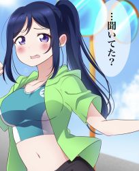 Rule 34 | 1girl, absurdres, aqua shirt, aqua tank top, artist name, artist request, black pants, black shorts, blue hair, blue sky, blush, breasts, check translation, cleavage, cloud, collarbone, commentary request, day, dolphin print, female focus, green jacket, hair between eyes, high ponytail, highres, jacket, long hair, looking at viewer, love live!, love live! sunshine!!, matsuura kanan, medium breasts, musical note, open clothes, open jacket, outdoors, pants, parted lips, ponytail, purple eyes, shirt, short pants, short sleeves, shorts, sky, smile, solo, translated, translation request, worried