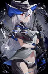 Rule 34 | 1girl, absurdres, angelfish, arknights, black capelet, black gloves, black hat, black pants, capelet, clothing cutout, cowboy shot, fish, gloves, gradient background, grey background, grey hair, grey shirt, hair between eyes, hat, highres, holding, holding sword, holding weapon, long hair, looking at viewer, mooouluren, navel, pants, parted lips, red eyes, shirt, skadi (arknights), solo, sword, thigh cutout, tropical fish, very long hair, weapon